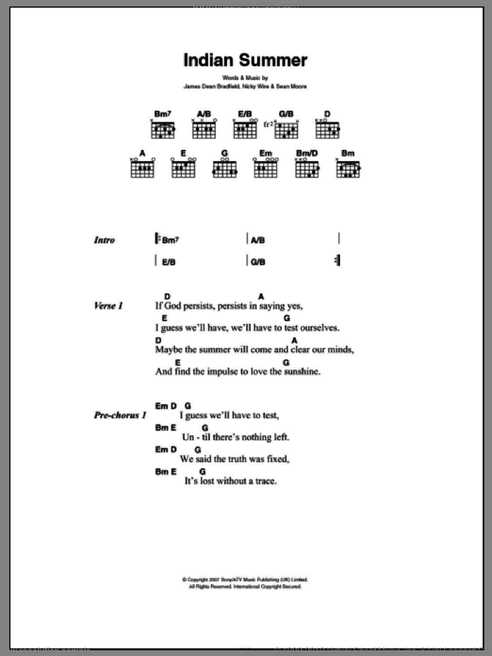 Indian Summer sheet music for guitar (chords) by Manic Street Preachers, James Dean Bradfield, Nicky Wire and Sean Moore, intermediate skill level