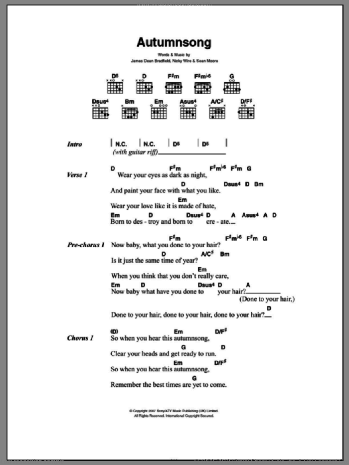 Autumnsong sheet music for guitar (chords) by Manic Street Preachers, James Dean Bradfield, Nicky Wire and Sean Moore, intermediate skill level