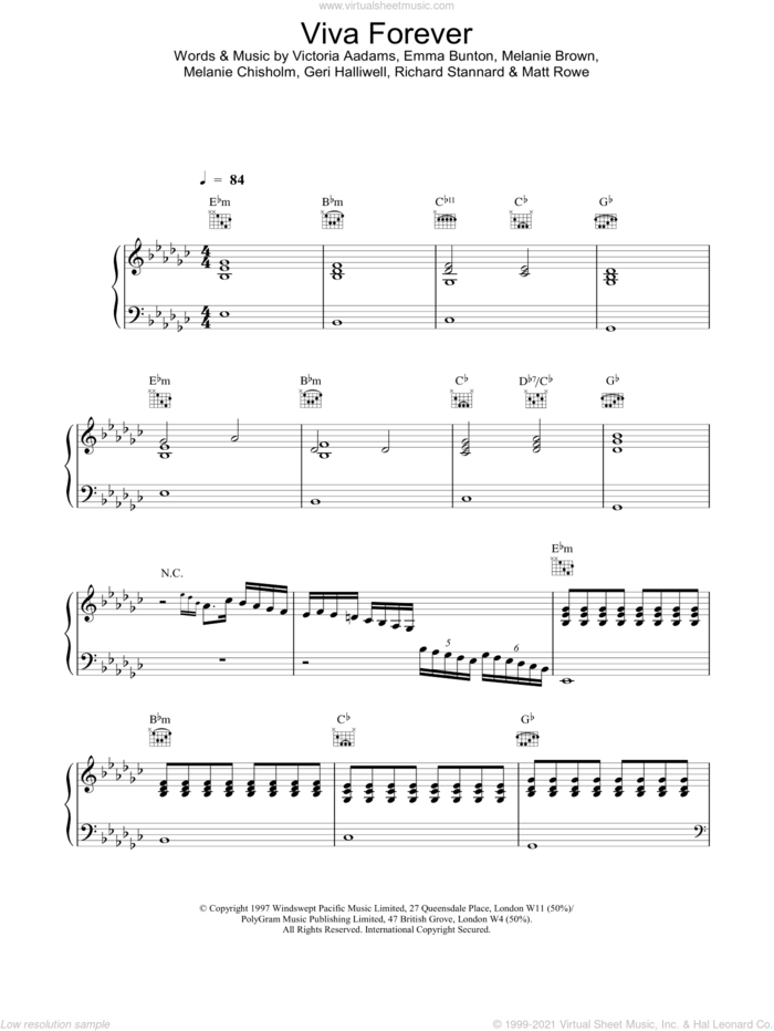 Viva Forever sheet music for voice, piano or guitar by The Spice Girls, intermediate skill level