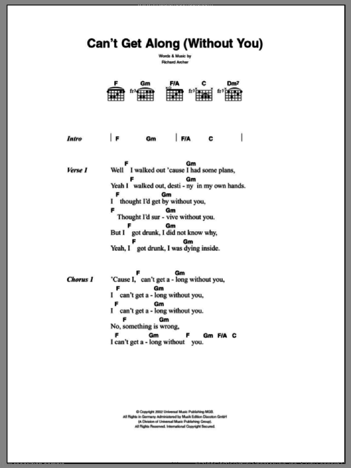 Can't Get Along (Without You) sheet music for guitar (chords) by Hard-Fi and Richard Archer, intermediate skill level