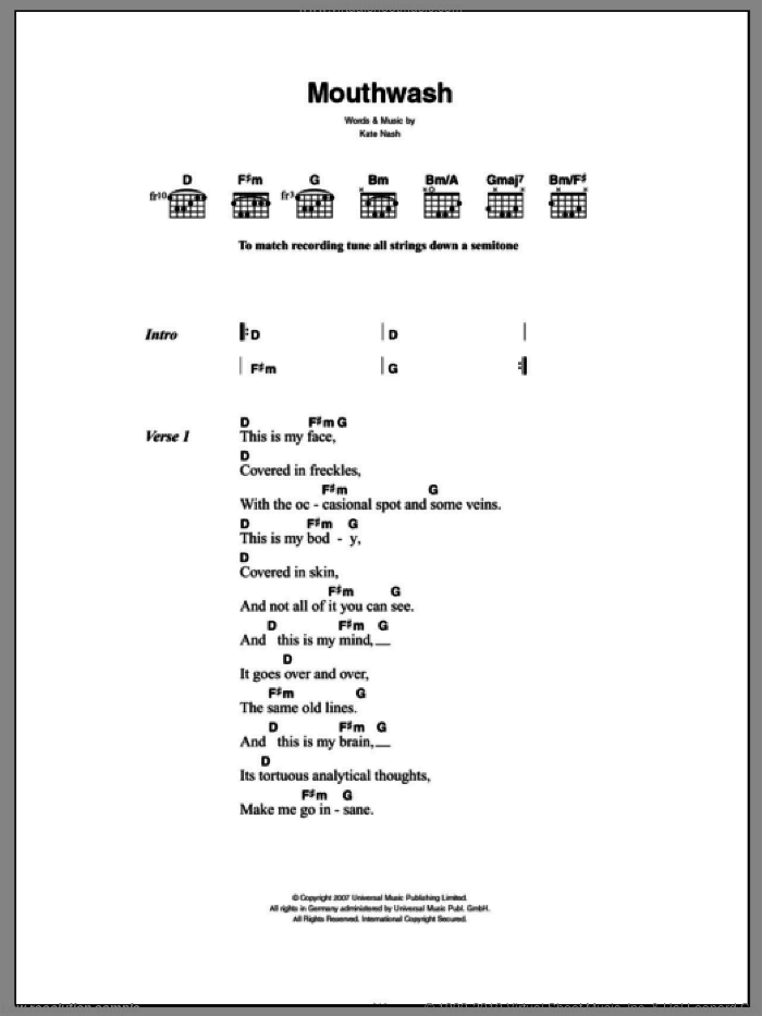 Mouthwash sheet music for guitar (chords) by Kate Nash, intermediate skill level