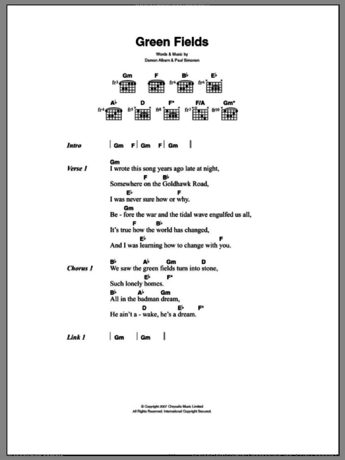Green Fields sheet music for guitar (chords) by The Good The Bad & The Queen, The Bad & The Queen The Good, Damon Albarn and Paul Simonon, intermediate skill level