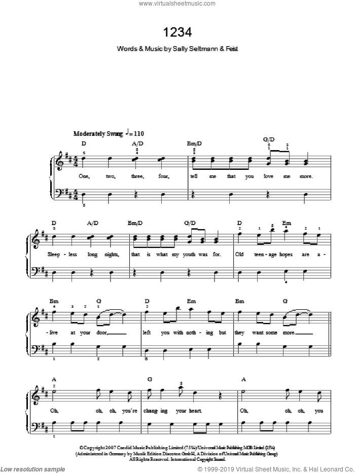 1234 sheet music for piano solo by Leslie Feist and Sally Seltmann, easy skill level