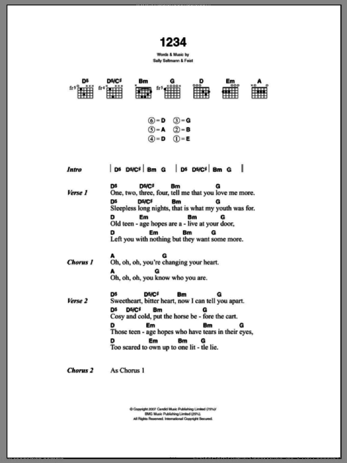 1234 sheet music for guitar (chords) by Leslie Feist and Sally Seltmann, intermediate skill level