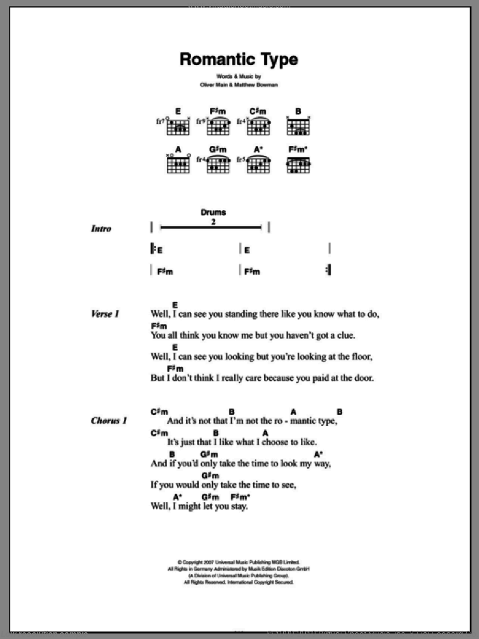 Romantic Type sheet music for guitar (chords) by The Pigeon Detectives, Matthew Bowman and Oliver Main, intermediate skill level