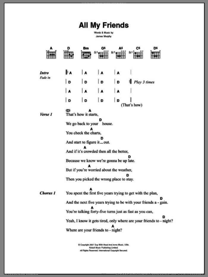 All My Friends sheet music for guitar (chords) by LCD Soundsystem, Franz Ferdinand and James Murphy, intermediate skill level