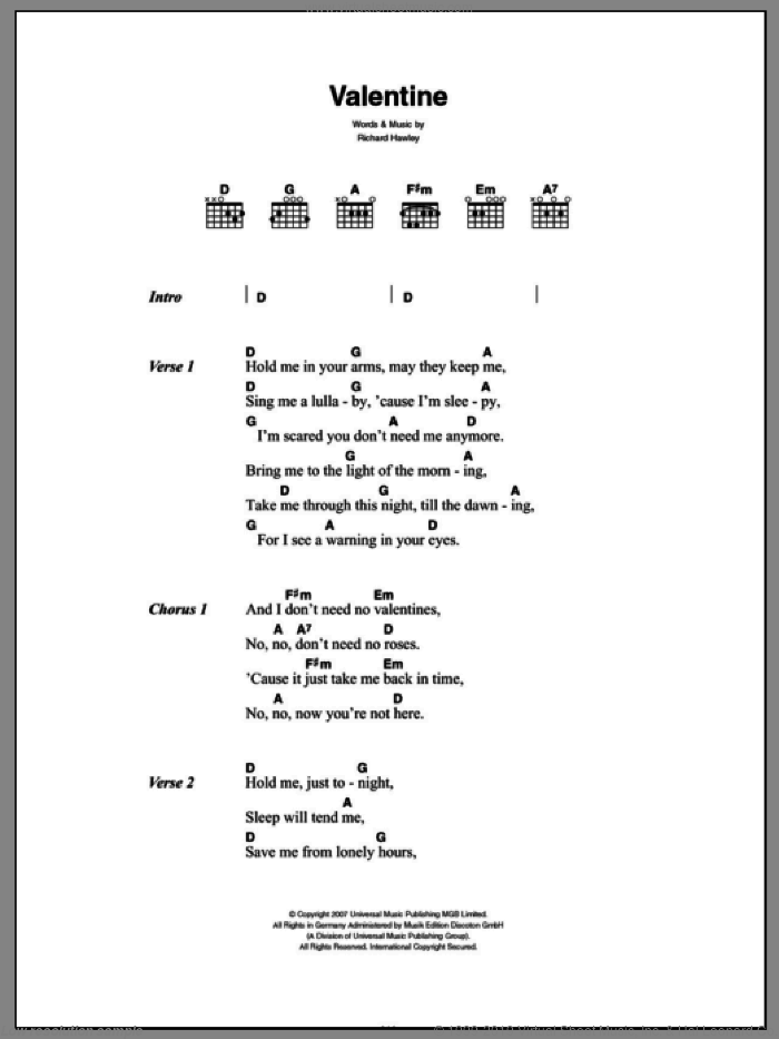 Valentine sheet music for guitar (chords) by Richard Hawley, intermediate skill level