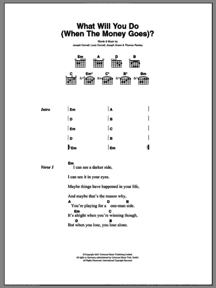What Will You Do (When The Money Goes) sheet music for guitar (chords) by Milburn, Joseph Carnall, Joseph Green, Louis Carnall and Thomas Rowley, intermediate skill level