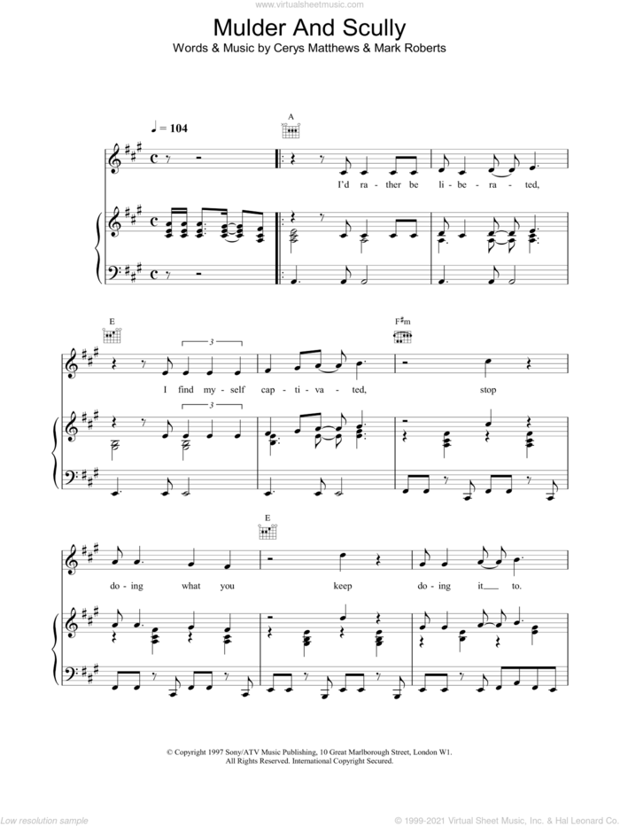 Mulder and Scully sheet music for voice, piano or guitar by Catatonia, intermediate skill level