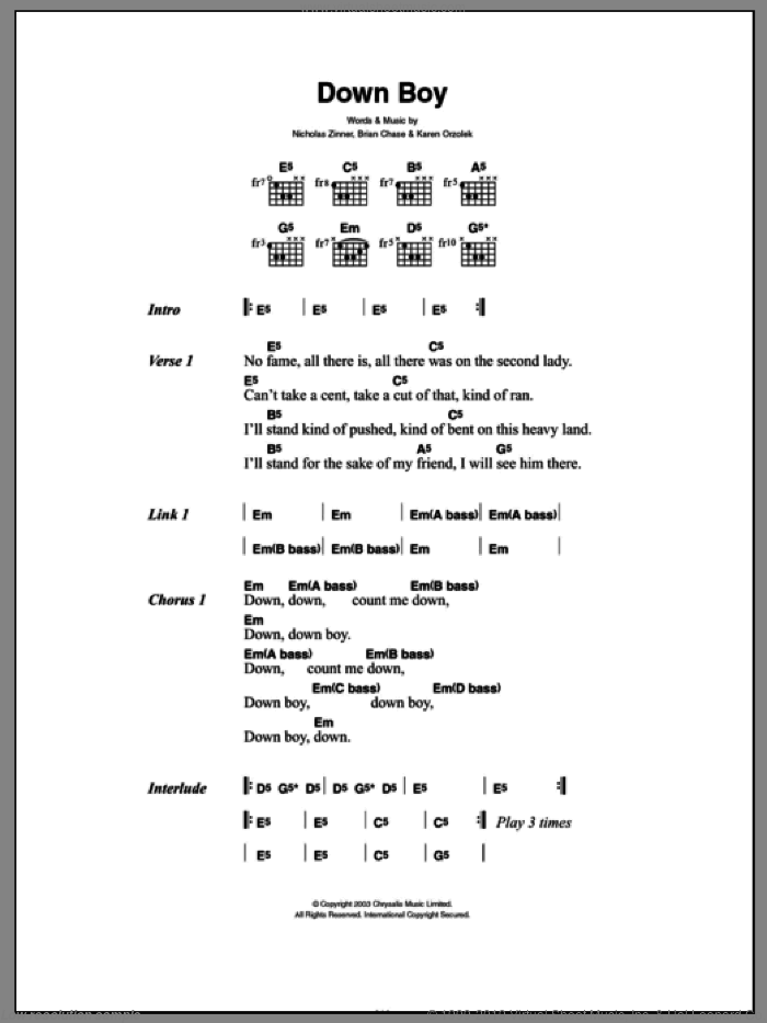 Down Boy sheet music for guitar (chords) by Yeah Yeah Yeahs, Brian Chase, Karen Orzolek and Nick Zinner, intermediate skill level