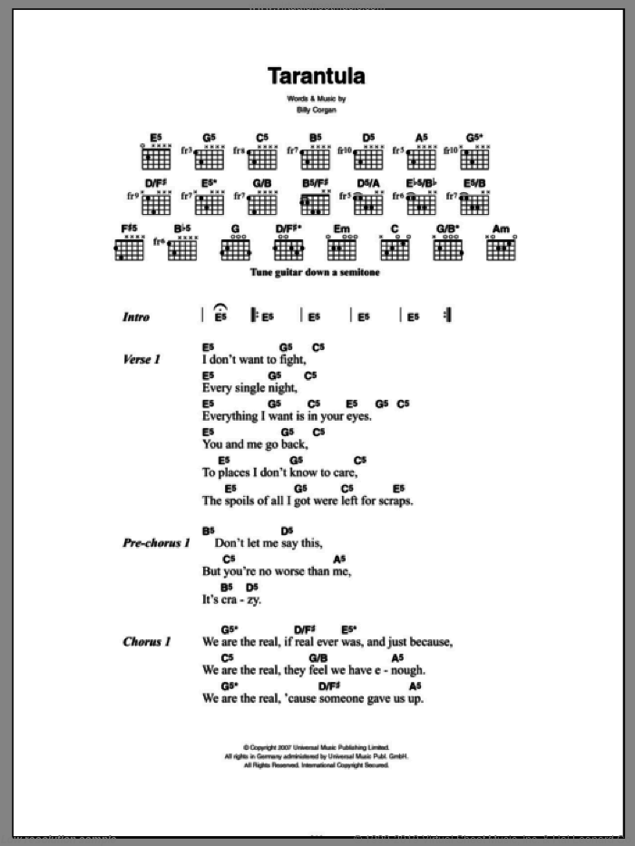 Tarantula sheet music for guitar (chords) by The Smashing Pumpkins and Billy Corgan, intermediate skill level