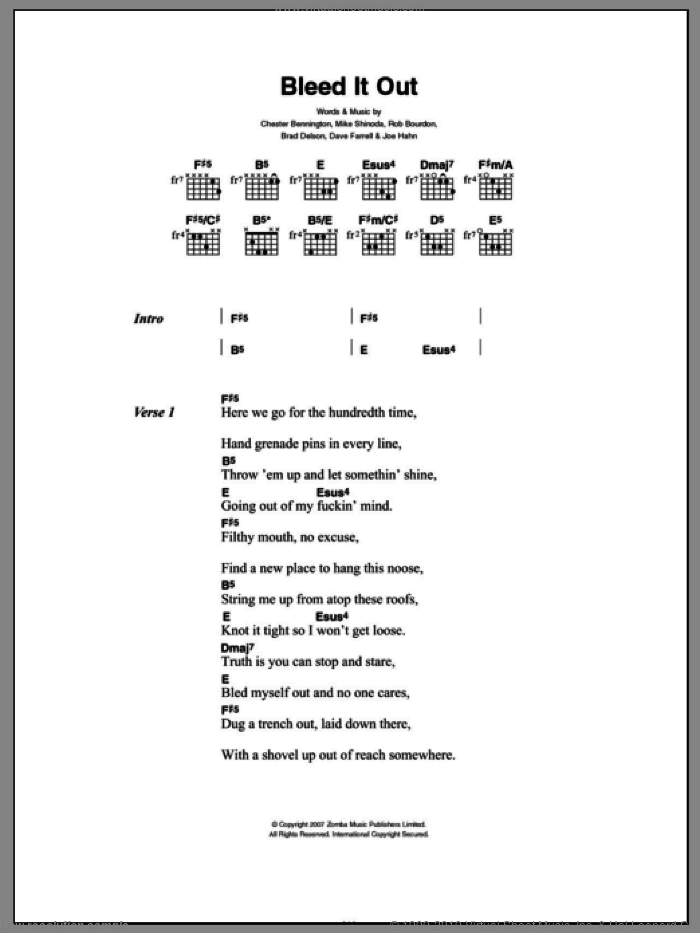 Bleed It Out sheet music for guitar (chords) by Linkin Park, Brad Delson, Chester Bennington, Dave Farrell, Joe Hahn, Mike Shinoda and Rob Bourdon, intermediate skill level