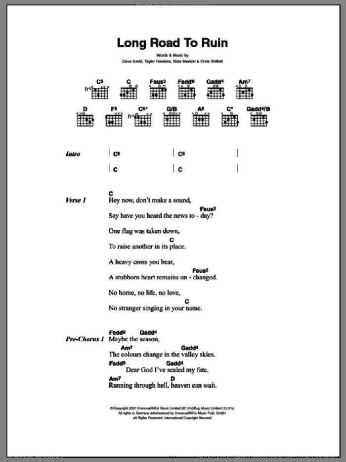 Long Road To Ruin sheet music for guitar (chords) by Foo Fighters, Chris Shiflett, Dave Grohl, Nate Mendel and Taylor Hawkins, intermediate skill level