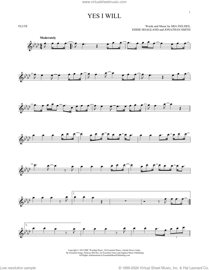 Yes I Will sheet music for flute solo by Vertical Worship, Eddie Hoagland, Jonathan Smith and Mia Fieldes, intermediate skill level