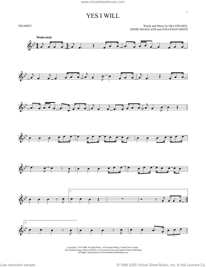 Yes I Will sheet music for trumpet solo by Vertical Worship, Eddie Hoagland, Jonathan Smith and Mia Fieldes, intermediate skill level