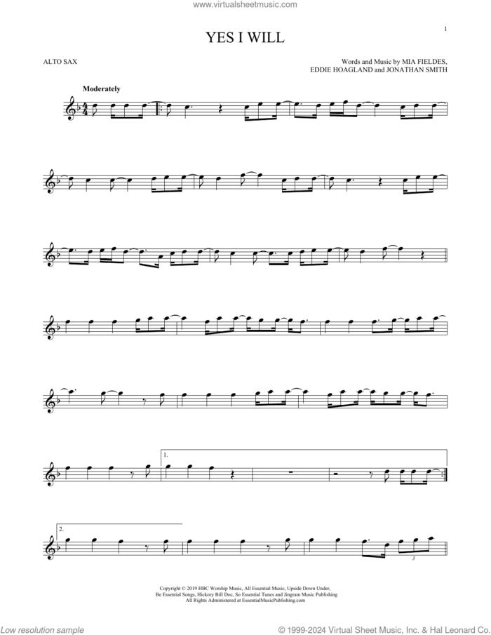 Yes I Will sheet music for alto saxophone solo by Vertical Worship, Eddie Hoagland, Jonathan Smith and Mia Fieldes, intermediate skill level