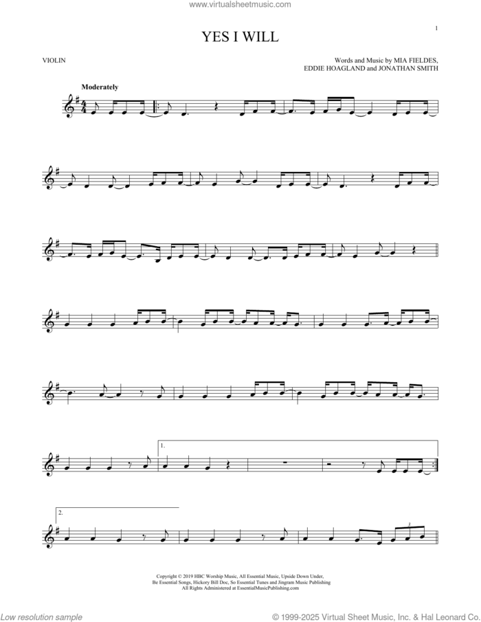 Yes I Will sheet music for violin solo by Vertical Worship, Eddie Hoagland, Jonathan Smith and Mia Fieldes, intermediate skill level