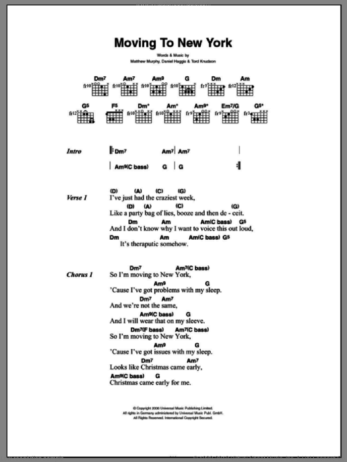 Moving To New York sheet music for guitar (chords) by The Wombats, Daniel Haggis, Matthew Murphy and Tord Knudson, intermediate skill level