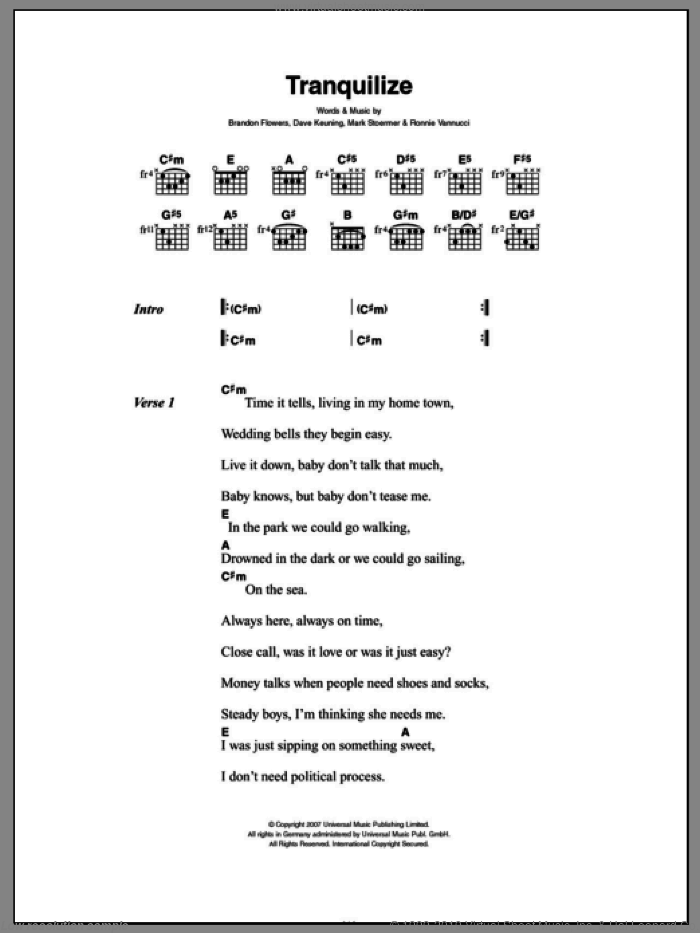 Tranquilize sheet music for guitar (chords) by The Killers, Lou Reed, The Killers featuring Lou Reed, Brandon Flowers, Dave Keuning, Mark Stoermer and Ronnie Vannucci, intermediate skill level