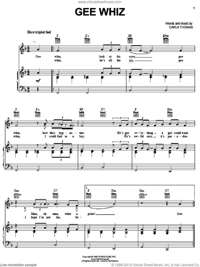 Gee Whiz sheet music for voice, piano or guitar by Carla Thomas, intermediate skill level