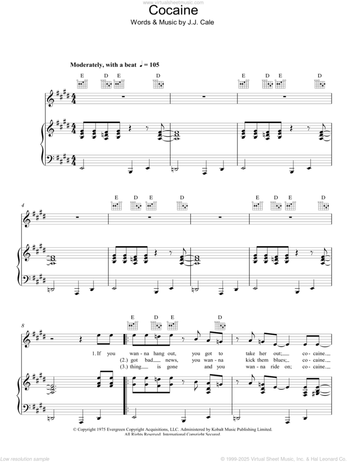 Cocaine sheet music for voice, piano or guitar by Eric Clapton and John Cale, intermediate skill level