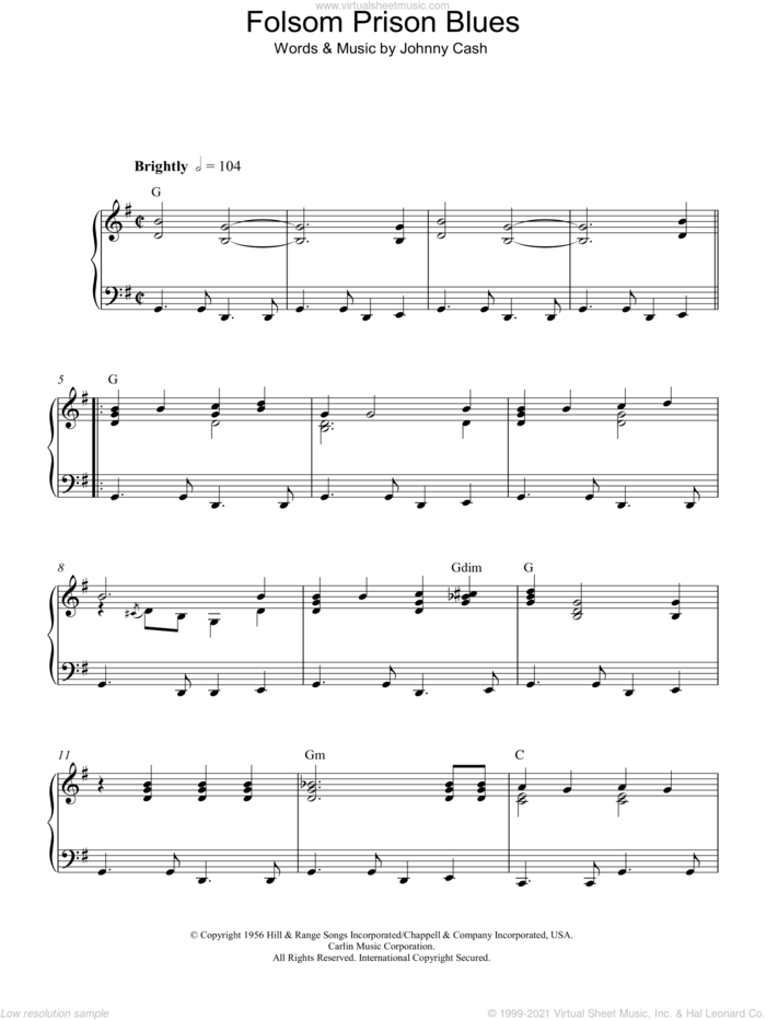 Folsom Prison Blues, (intermediate) sheet music for piano solo by Johnny Cash, intermediate skill level