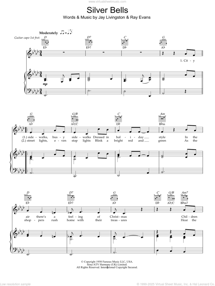 Silver Bells sheet music for voice, piano or guitar by Bob Dylan, Jay Livingston and Ray Evans, intermediate skill level