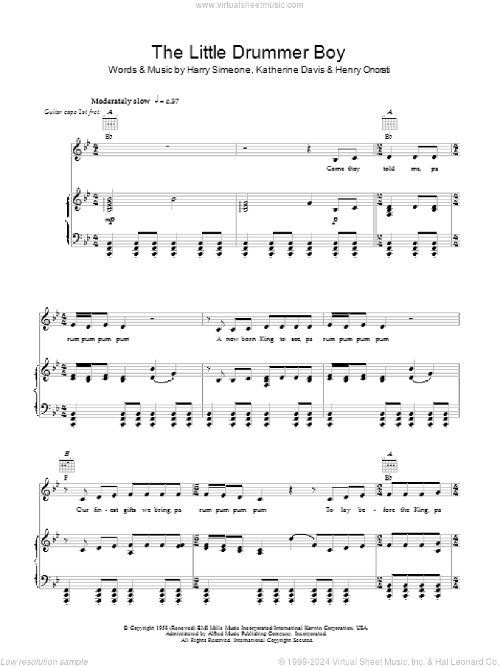 The Little Drummer Boy sheet music for voice, piano or guitar by Bob Dylan, Harry Simeone, Henry Onorati and Katherine Davis, intermediate skill level