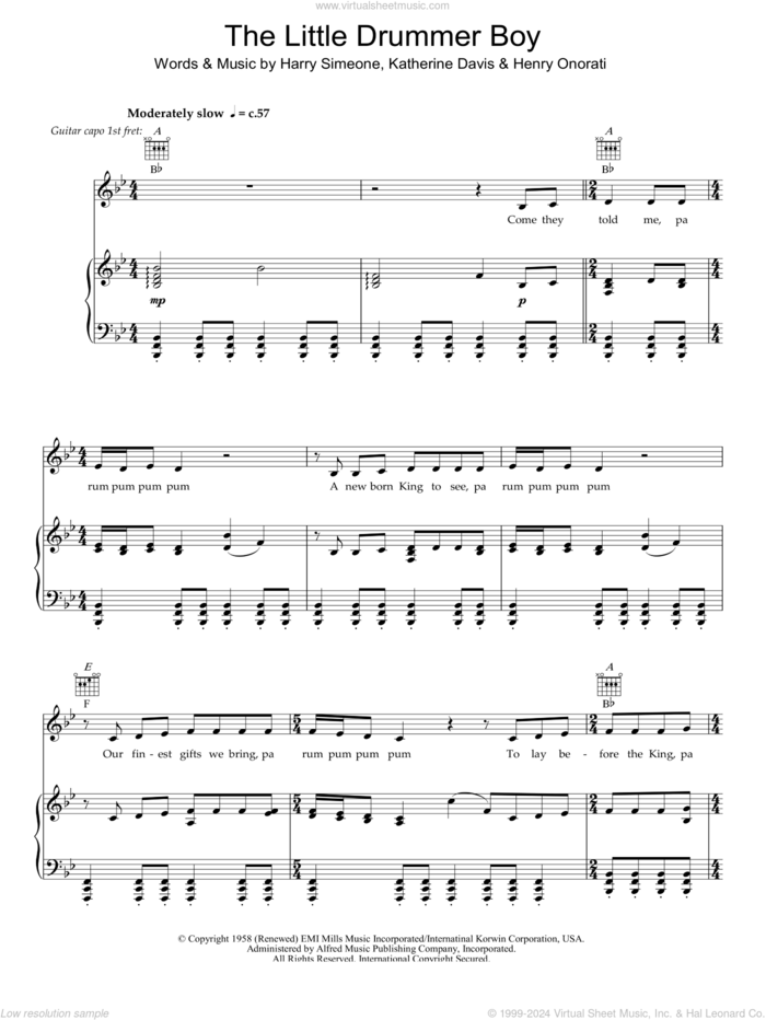 The Little Drummer Boy sheet music for voice, piano or guitar by Bob Dylan, Harry Simeone, Henry Onorati and Katherine Davis, intermediate skill level