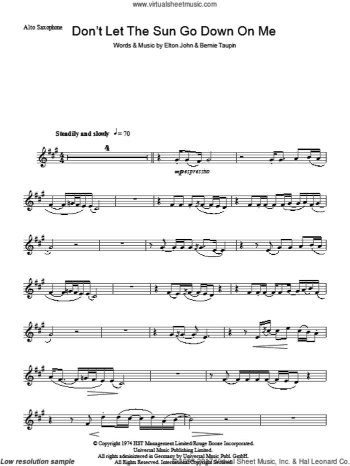 Don't Let The Sun Go Down On Me sheet music for alto saxophone solo by Elton John and Bernie Taupin, intermediate skill level