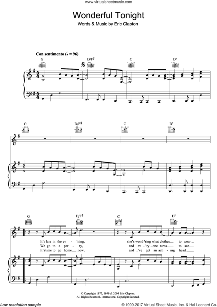 Wonderful Tonight sheet music for voice, piano or guitar by Eric Clapton, wedding score, intermediate skill level