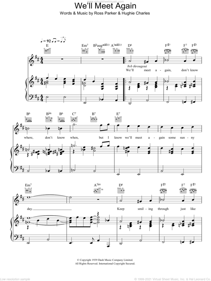 We'll Meet Again sheet music for voice, piano or guitar by Vera Lynn, Katherine Jenkins, Hughie Charles and Ross Parker, intermediate skill level