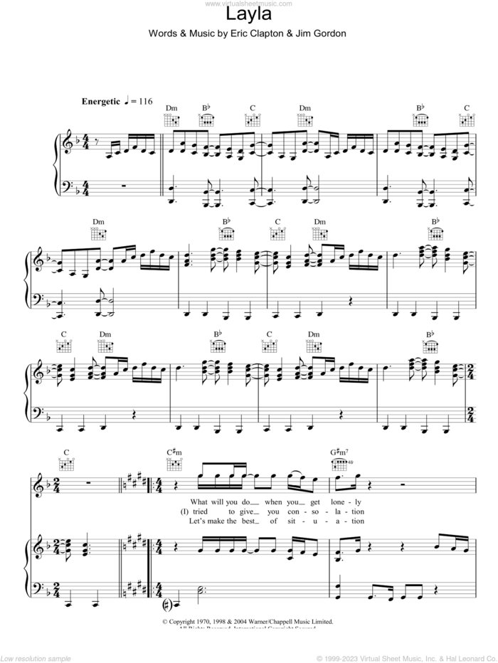 Layla sheet music for voice, piano or guitar by Eric Clapton and Jim Gordon, intermediate skill level