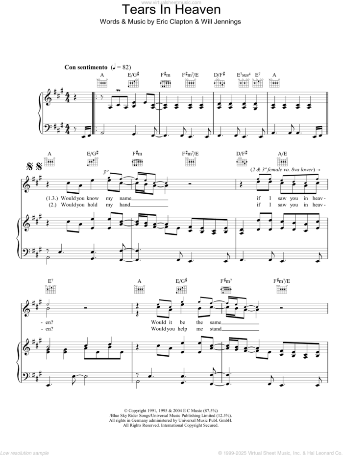 Tears In Heaven sheet music for voice, piano or guitar by Eric Clapton and Will Jennings, intermediate skill level