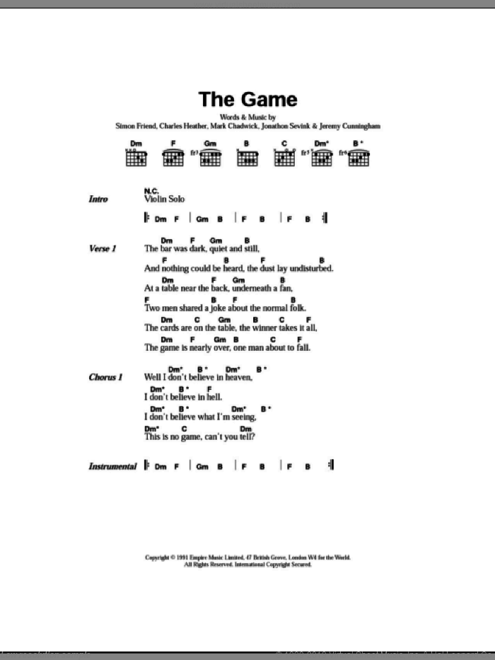 The Game sheet music for guitar (chords) by The Levellers, Charles Heather, Jeremy Cunningham, Jonathan Sevink, Mark Chadwick and Simon Friend, intermediate skill level