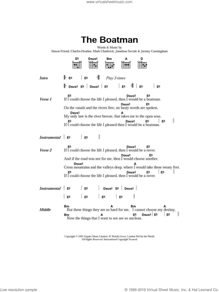 The Boatman sheet music for guitar (chords) by The Levellers, Charles Heather, Jeremy Cunningham, Jonathan Sevink, Mark Chadwick and Simon Friend, intermediate skill level