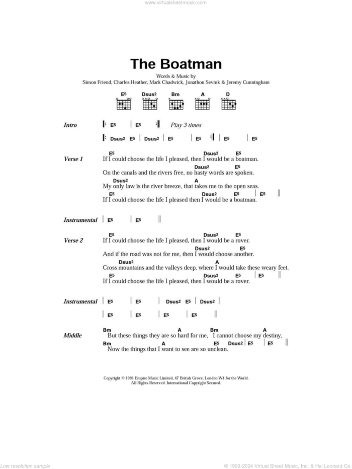 The Boatman sheet music for guitar (chords) by The Levellers, Charles Heather, Jeremy Cunningham, Jonathan Sevink, Mark Chadwick and Simon Friend, intermediate skill level