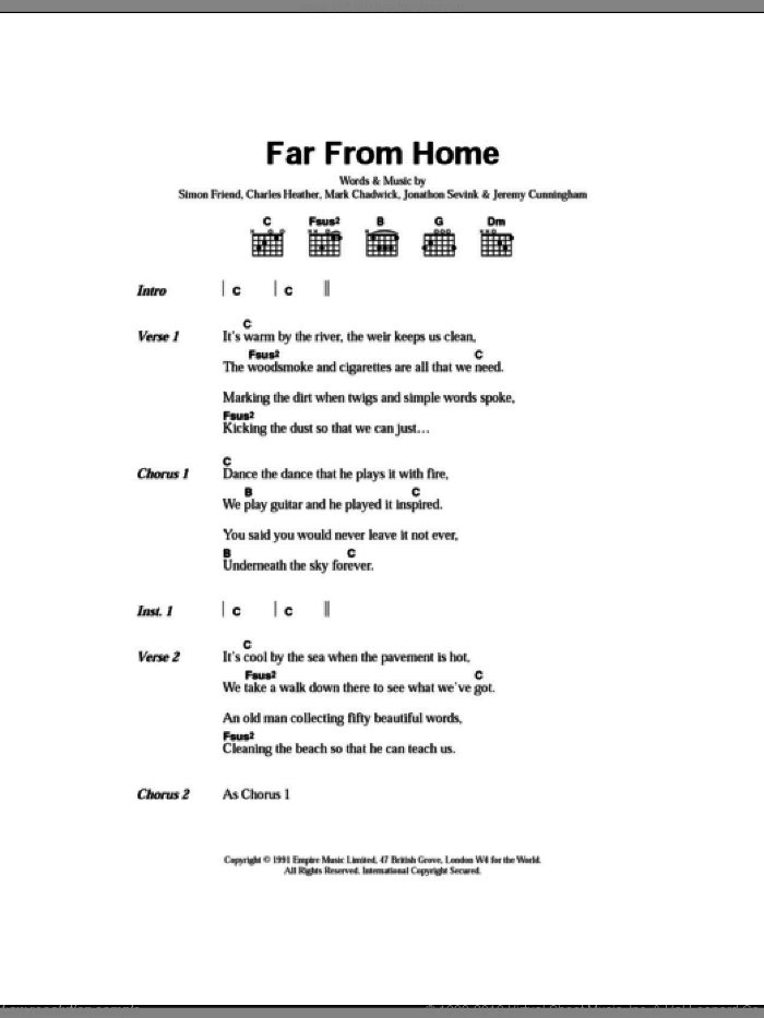 Far From Home sheet music for guitar (chords) by The Levellers, Charles Heather, Jeremy Cunningham, Jonathan Sevink, Mark Chadwick and Simon Friend, intermediate skill level