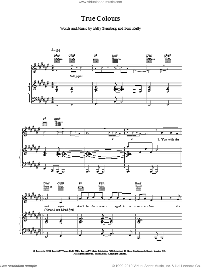True Colours sheet music for voice, piano or guitar by Phil Collins, intermediate skill level