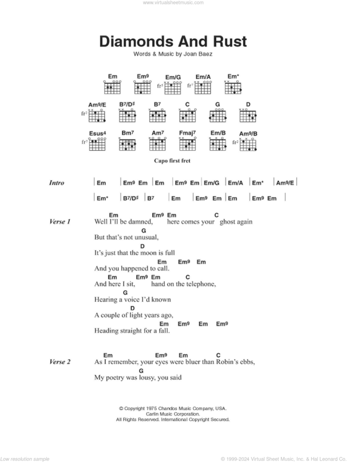 Diamonds And Rust sheet music for guitar (chords) by Joan Baez, intermediate skill level