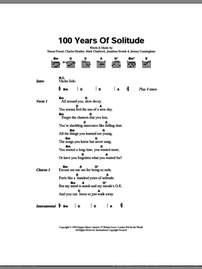 100 Years Of Solitude sheet music for guitar (chords) by The Levellers, Charles Heather, Jeremy Cunningham, Jonathan Sevink, Mark Chadwick and Simon Friend, intermediate skill level