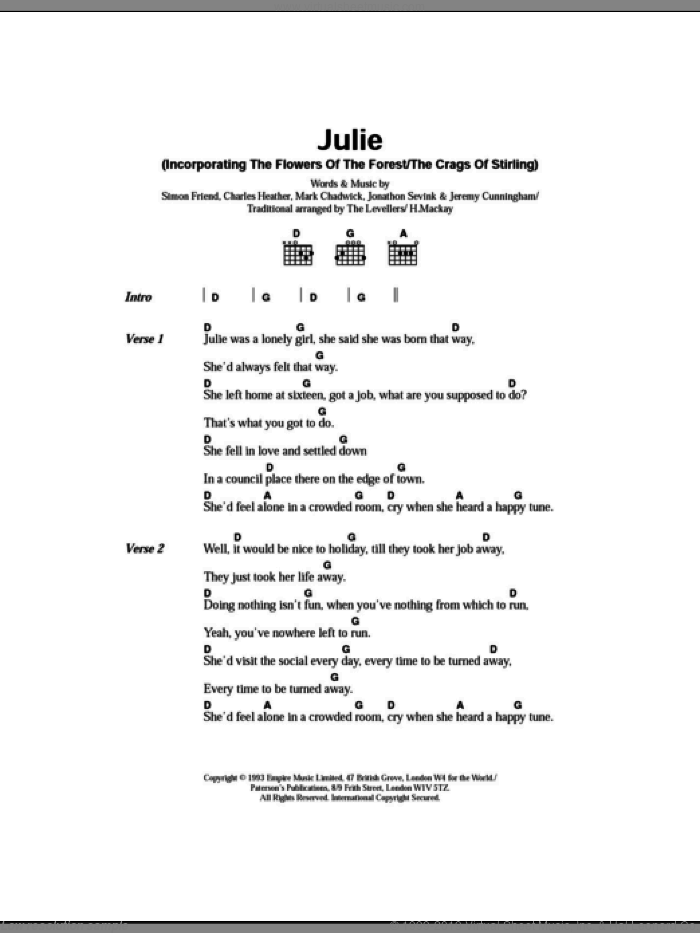 Julie sheet music for guitar (chords) by The Levellers, Charles Heather, Jeremy Cunningham, Jonathan Sevink, Mark Chadwick and Simon Friend, intermediate skill level