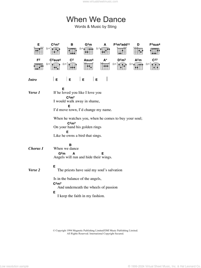 When We Dance sheet music for guitar (chords) by Sting, intermediate skill level