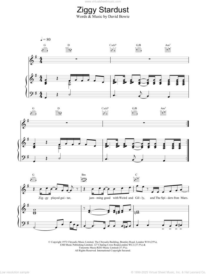 Ziggy Stardust sheet music for voice, piano or guitar by David Bowie, intermediate skill level