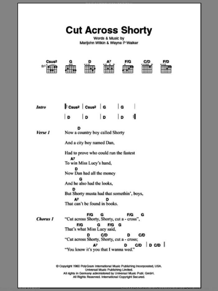 Cut Across Shorty sheet music for guitar (chords) by Eddie Cochran, Marijohn Wilkin and Wayne Walker, intermediate skill level
