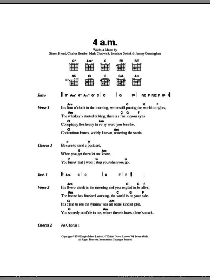 4am sheet music for guitar (chords) by The Levellers, Charles Heather, Jeremy Cunningham, Jonathan Sevink, Mark Chadwick and Simon Friend, intermediate skill level