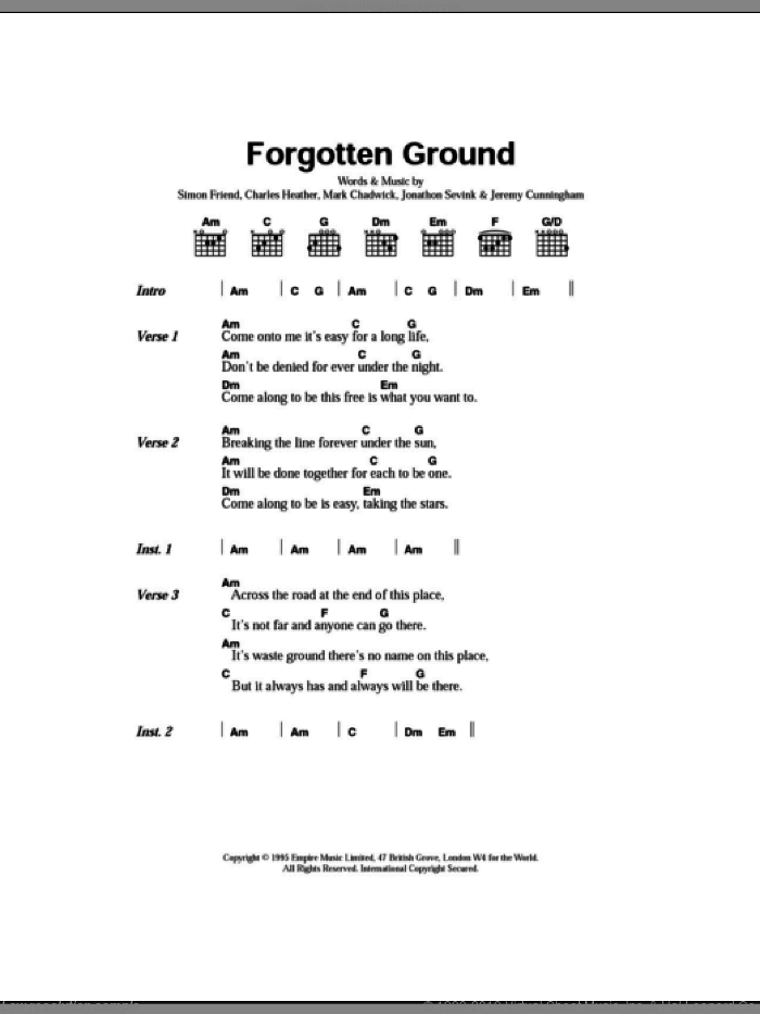 Forgotten Ground sheet music for guitar (chords) by The Levellers, Charles Heather, Jeremy Cunningham, Mark Chadwick and Simon Friend, intermediate skill level