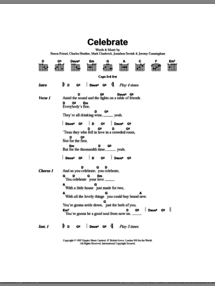 Celebrate sheet music for guitar (chords) by The Levellers, Charles Heather, Jeremy Cunningham, Jonathan Sevink, Mark Chadwick and Simon Friend, intermediate skill level