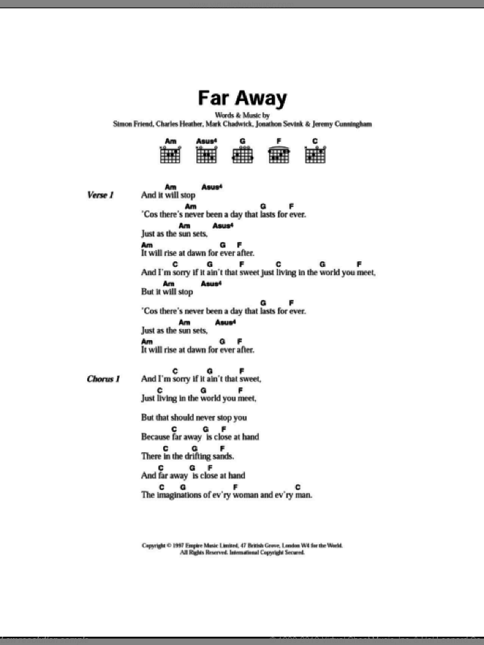 Far Away sheet music for guitar (chords) by The Levellers, Charles Heather, Jeremy Cunningham, Jonathan Sevink, Mark Chadwick and Simon Friend, intermediate skill level