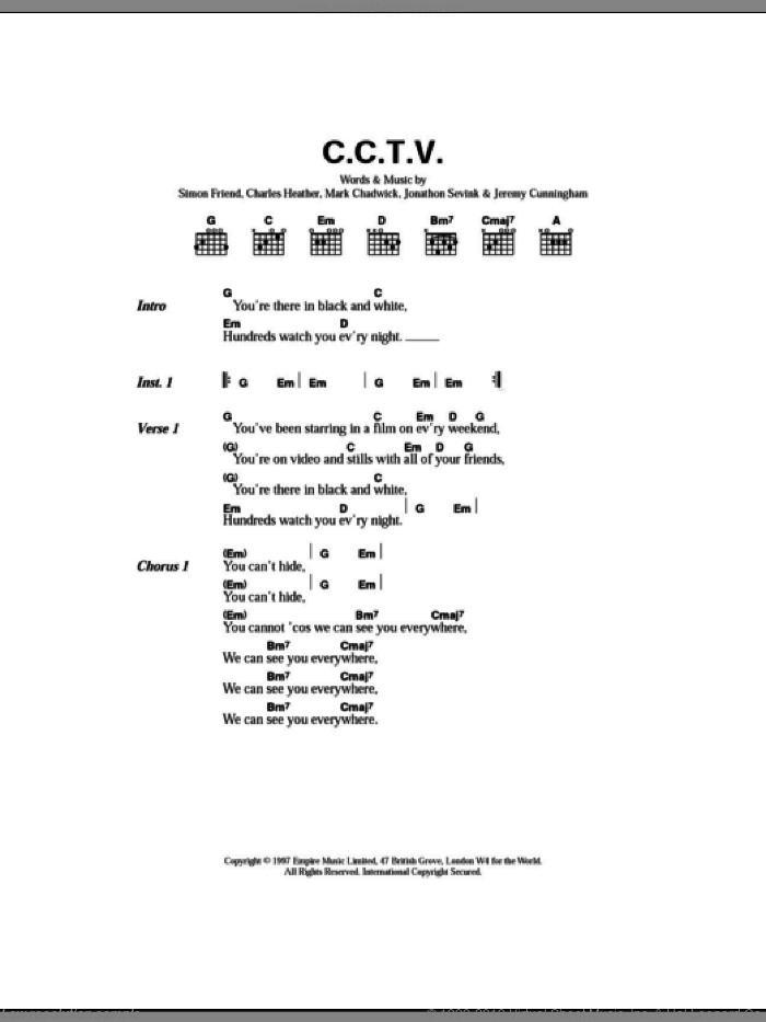 C.C.T.V sheet music for guitar (chords) by The Levellers, Charles Heather, Jeremy Cunningham, Jonathan Sevink, Mark Chadwick and Simon Friend, intermediate skill level